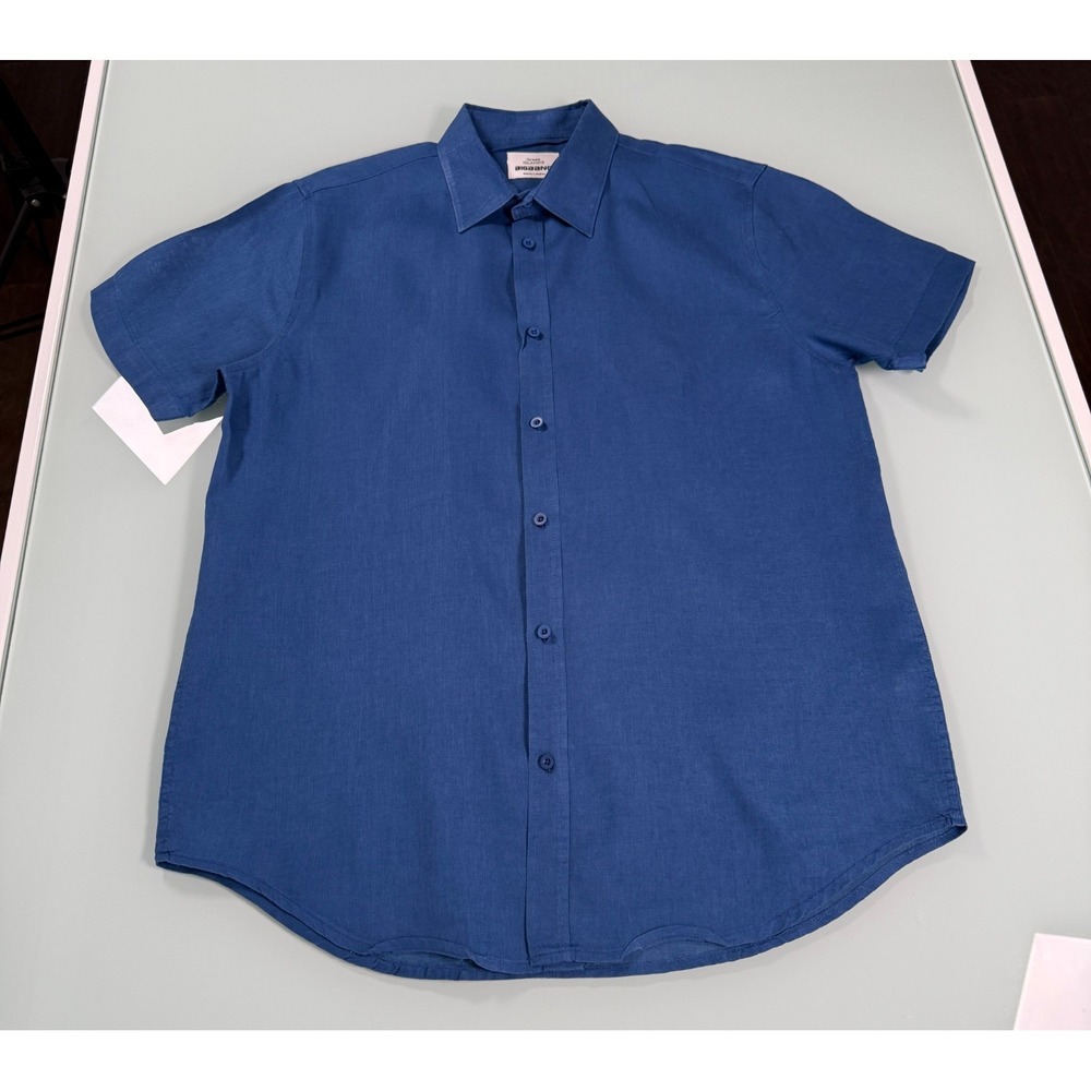 GREEK ISLANDS BIGBANG Shirt Men's‎ XL 100% Linen Classic Blue Casual Preppy
